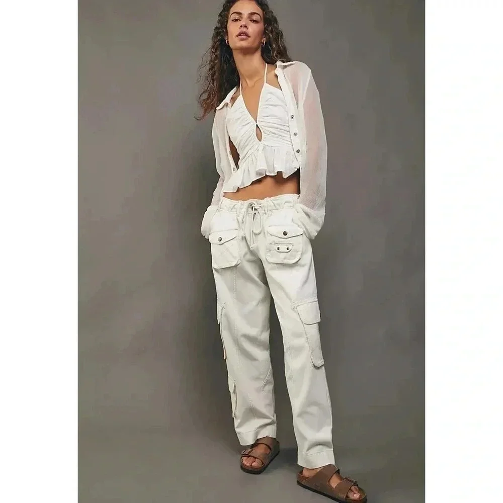 New Free People Tahiti Low-Rise Cargo Pants White Large